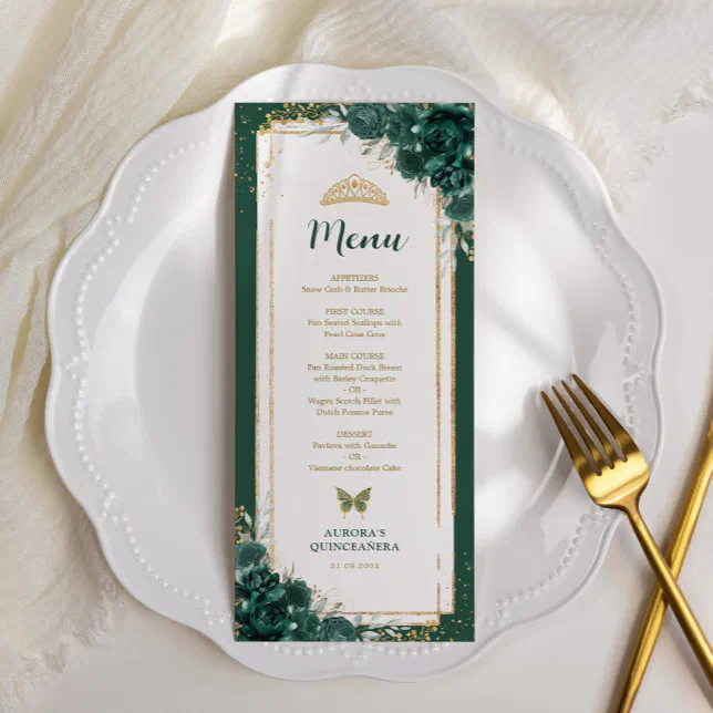 Emerald Green Roses Quinceanera Birthday Menu Card | Zazzle