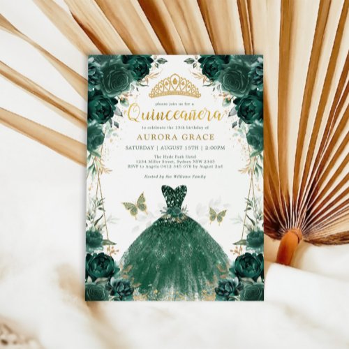 Emerald Green Roses Quinceaera Princess Dress Inv Invitation