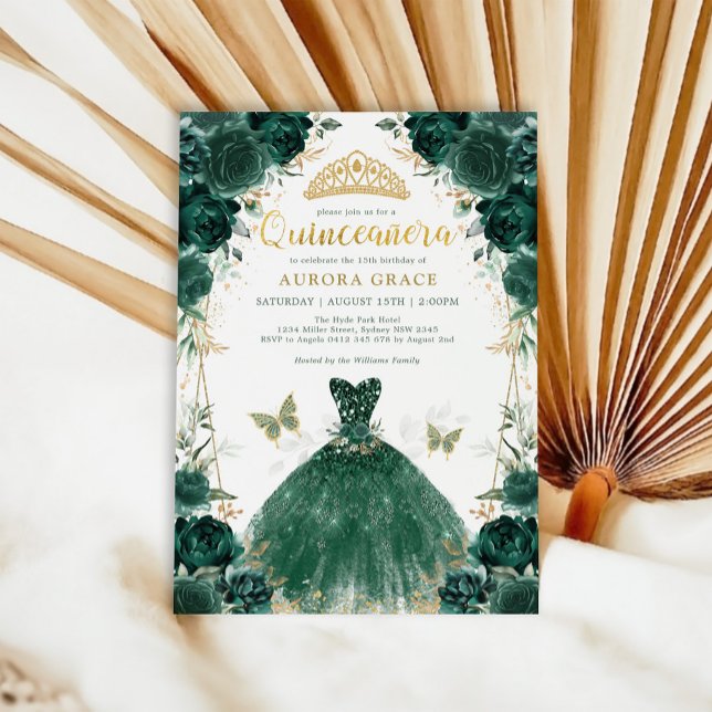 Emerald Green Roses Quinceañera Princess Dress Inv Invitation (Creator Uploaded)