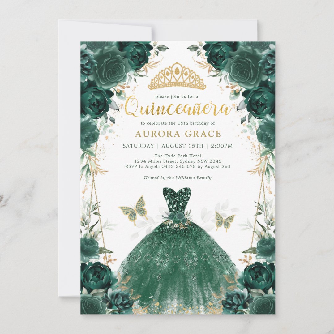 Emerald Green Roses Quinceañera Princess Dress Inv Invitation Zazzle