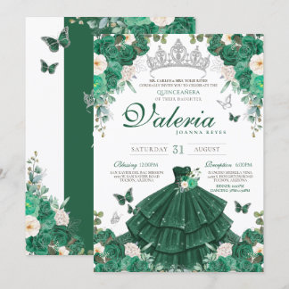 Emerald Green Roses & Silver Butterfly Quinceanera Invitation