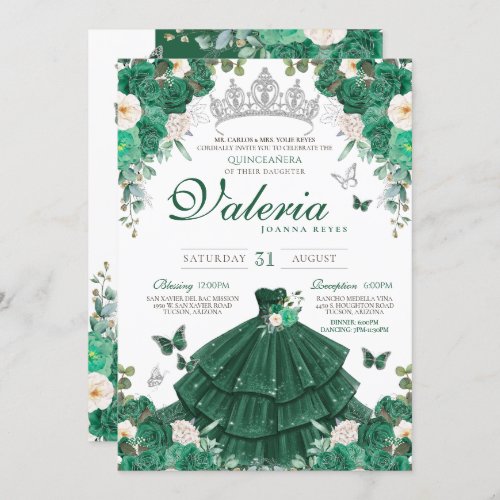 Emerald Green Roses  Silver Butterfly Quinceanera Invitation