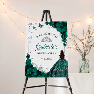Emerald Green Roses Silver Quinceanera Welcome Foam Board