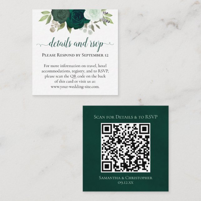 Emerald Green Roses Wedding Details & RSVP QR Code Enclosure Card (Front/Back)