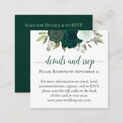 Emerald Green Roses Wedding Details  RSVP QR Code Enclosure Card
