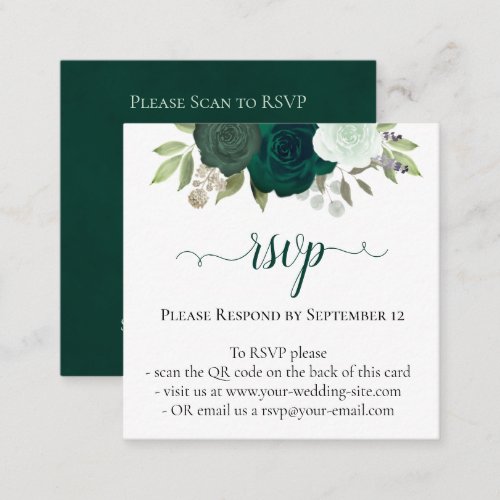 Emerald Green Roses Wedding RSVP QR Code Enclosure Card