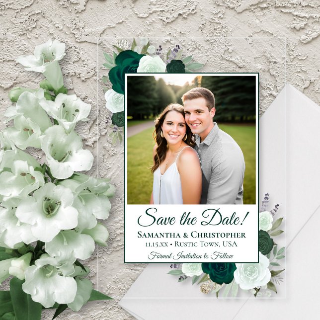 Emerald Green Roses Wedding Save the Date Photo (Clear Acrylic with Rectangle Cut)