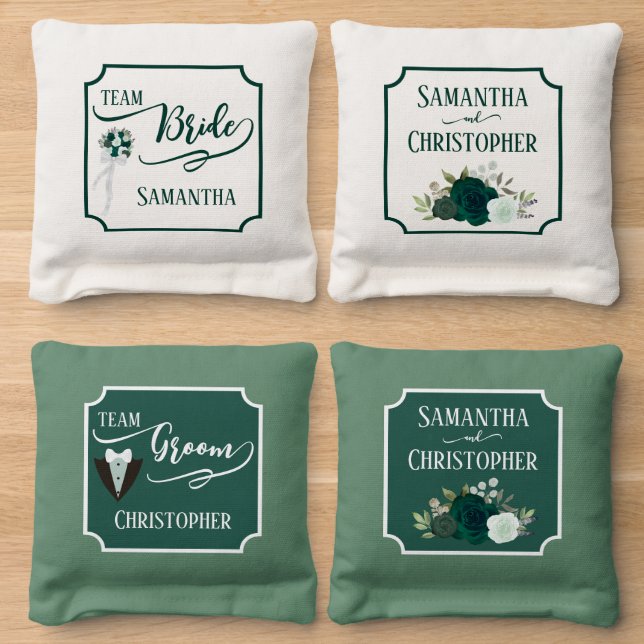 Emerald Green Roses Wedding Team Bride & Groom Cornhole Bags (Wood)