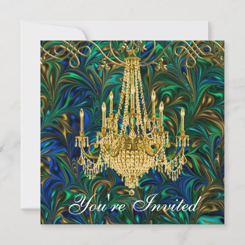 Emerald Green Royal Blue Gold Chandelier Party Invitation