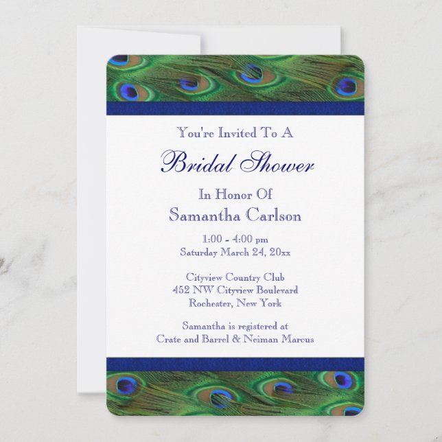 Emerald Green Royal Blue Peacock Bridal Shower Invitation (Front)