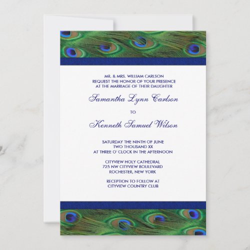 Emerald Green Royal Blue Peacock Feathers Wedding Custom Announcement