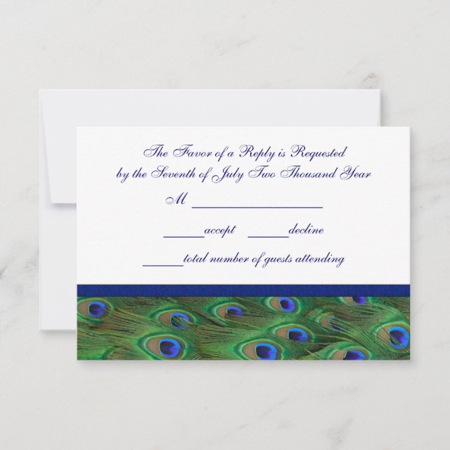 Emerald Green Royal Blue Peacock Feathers Wedding RSVP Card (Front)