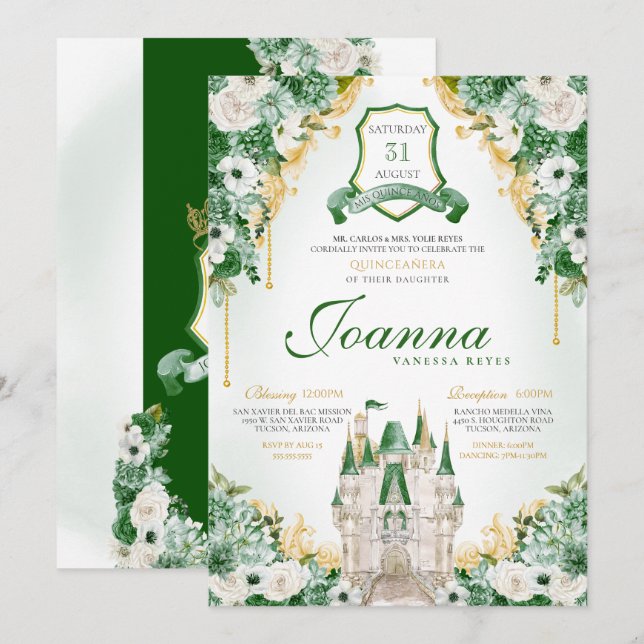 Emerald Green Royal Castle Princess Quinceanera Invitation (Front/Back)
