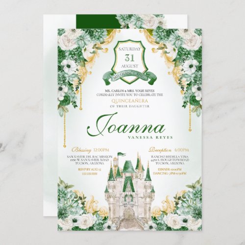 Emerald Green Royal Castle Princess Quinceanera Invitation