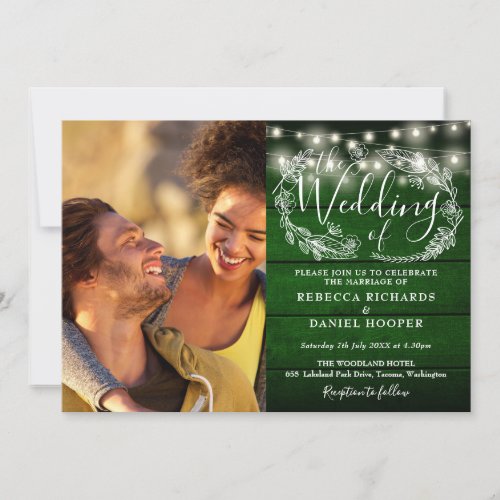 Emerald Green Rustic 2 Photo String Lights Wedding Invitation