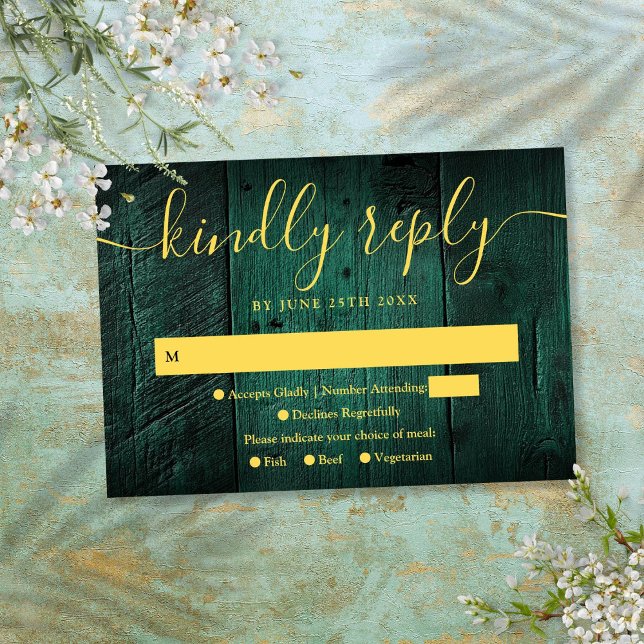 Emerald Green Rustic Barn Wood Boho Wedding RSVP Card (Emerald Green Rustic Barn Wood Boho Wedding RSVP)