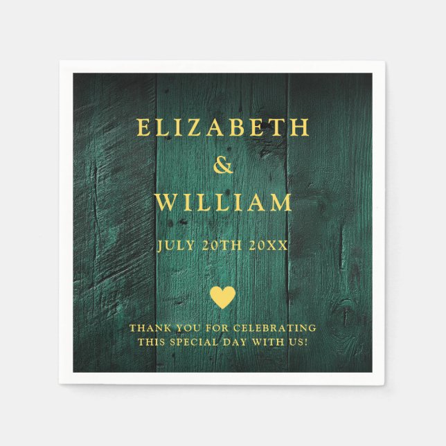 Emerald Green Rustic Boho Barn Wood Wedding Napkins (Front)