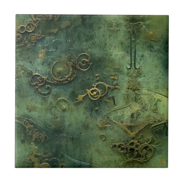 Emerald Green Rustic Steampunk Clock (10) Ceramic Tile (Front)