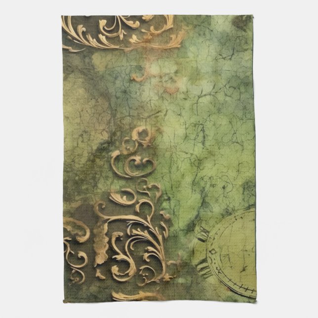 Emerald Green Rustic Steampunk Clock (11) Kitchen Towel (Vertical)