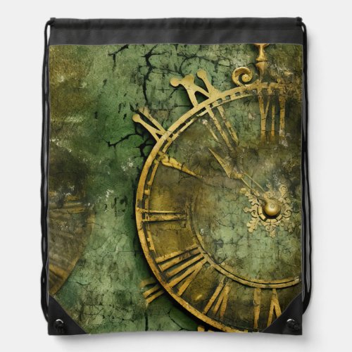Emerald Green Rustic Steampunk Clock 12 Drawstring Bag