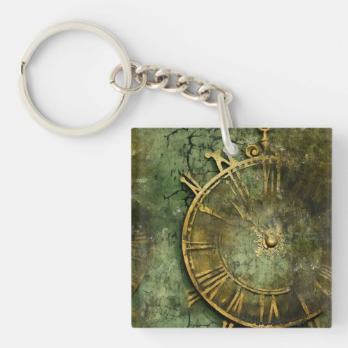 Emerald Green Rustic Steampunk Clock 12 Keychain