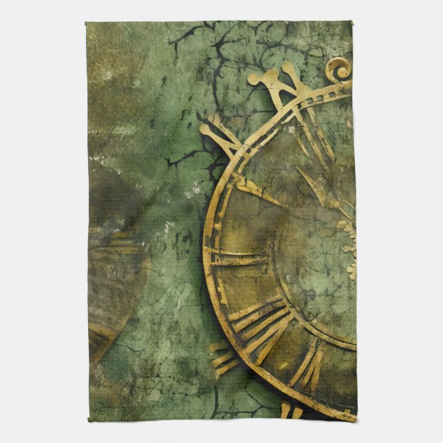 Emerald Green Rustic Steampunk Clock (12) Kitchen Towel (Vertical)