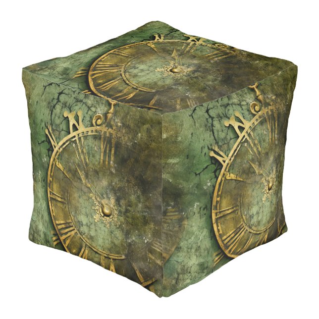 Emerald Green Rustic Steampunk Clock (12) Pouf (Angled Front)