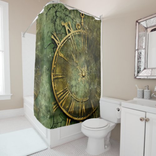 Emerald Green Rustic Steampunk Clock 12 Shower Curtain