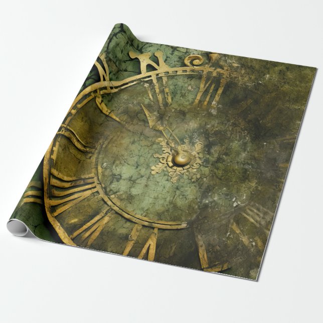 Emerald Green Rustic Steampunk Clock (12) Wrapping Paper (Unrolled)