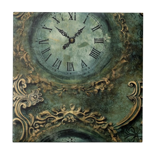 Emerald Green Rustic Steampunk Clock (1) Ceramic Tile (Front)