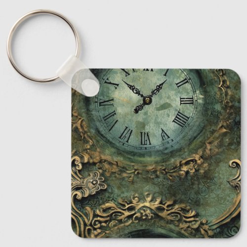 Emerald Green Rustic Steampunk Clock 1 Keychain