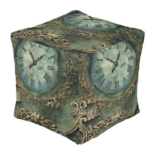 Emerald Green Rustic Steampunk Clock (1) Pouf (Angled Front)