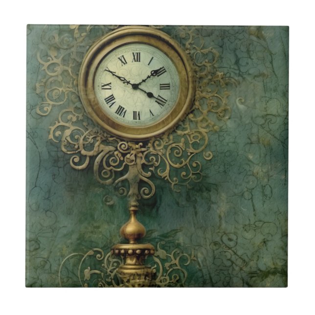 Emerald Green Rustic Steampunk Clock (2) Ceramic Tile (Front)