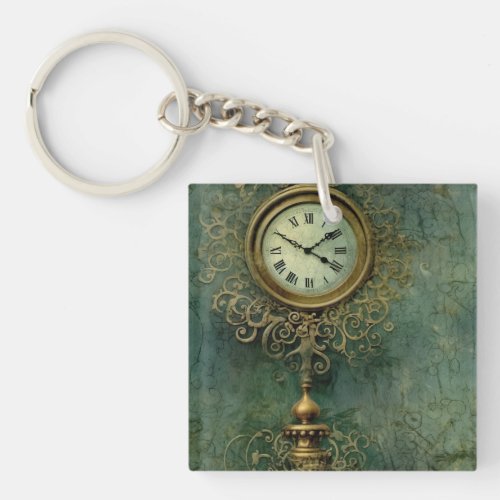 Emerald Green Rustic Steampunk Clock 2 Keychain
