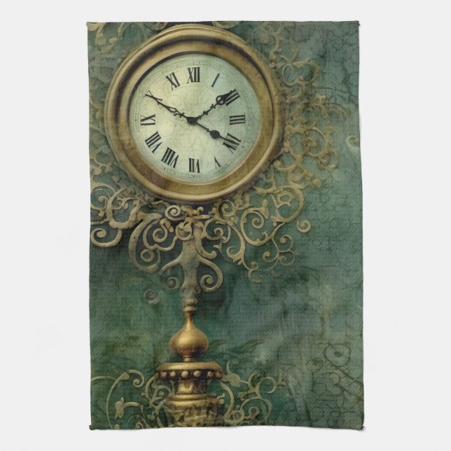 Emerald Green Rustic Steampunk Clock (2) Kitchen Towel (Vertical)