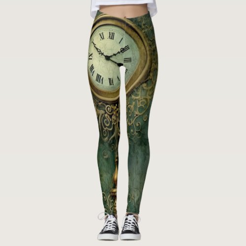 Emerald Green Rustic Steampunk Clock 2 Leggings