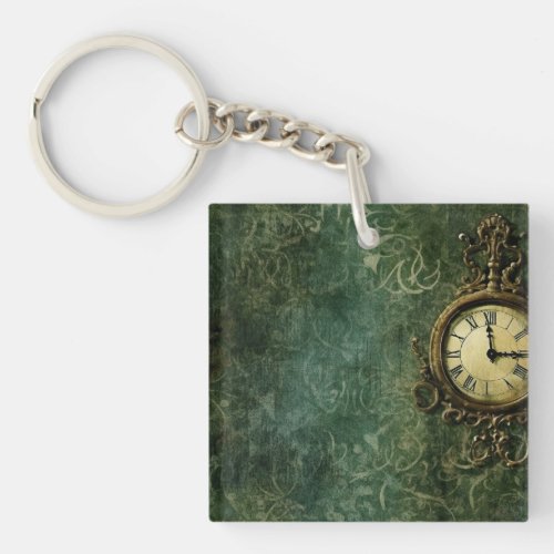 Emerald Green Rustic Steampunk Clock 3 Keychain