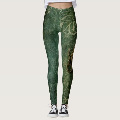 Emerald Green Rustic Steampunk Clock 3 Leggings