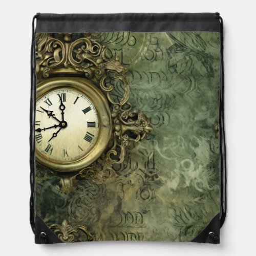 Emerald Green Rustic Steampunk Clock 4 Drawstring Bag