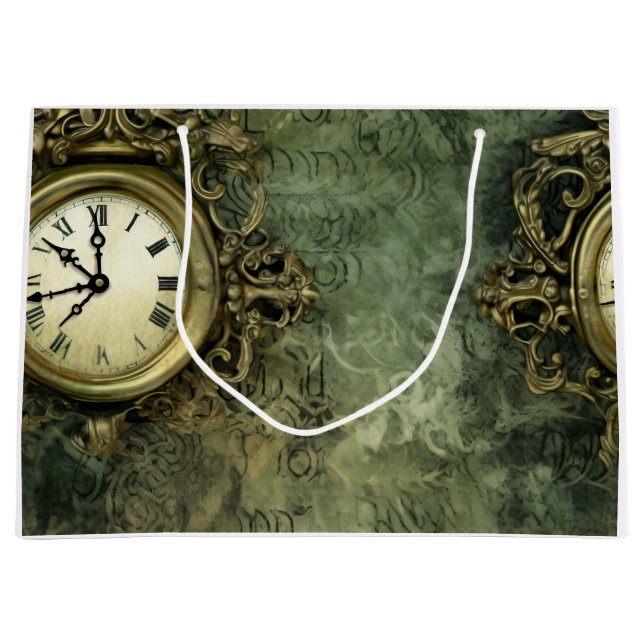 Emerald Green Rustic Steampunk Clock (4) Large Gift Bag (Front)