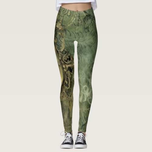 Emerald Green Rustic Steampunk Clock 4 Leggings