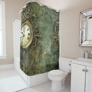 Emerald Green Rustic Steampunk Clock (4) Shower Curtain