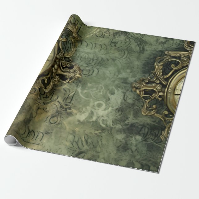 Emerald Green Rustic Steampunk Clock (4) Wrapping Paper (Unrolled)