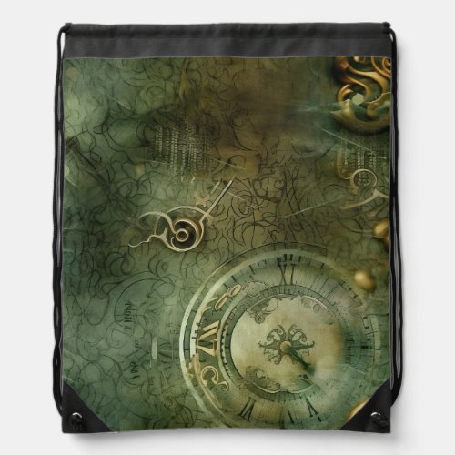 Emerald Green Rustic Steampunk Clock 5 Drawstring Bag