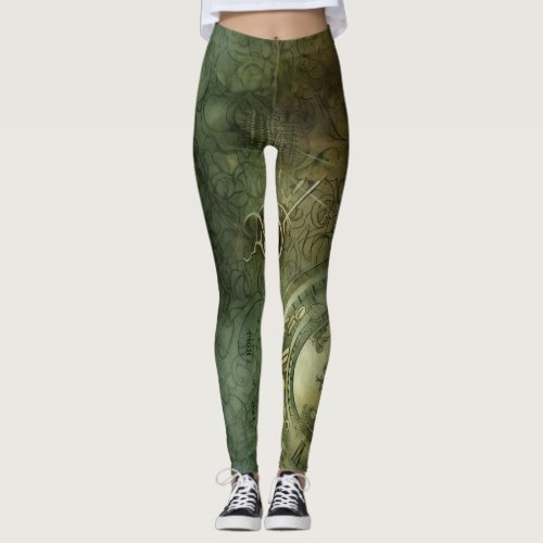 Emerald Green Rustic Steampunk Clock 5 Leggings