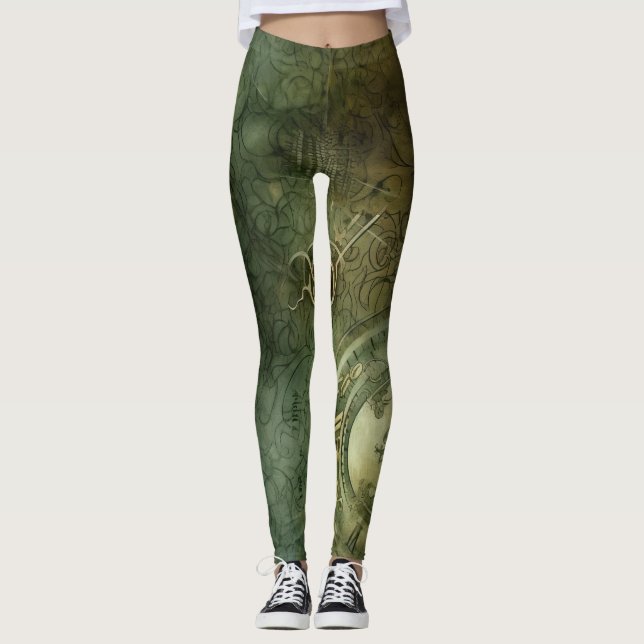 Emerald Green Rustic Steampunk Clock (5) Leggings (Front)