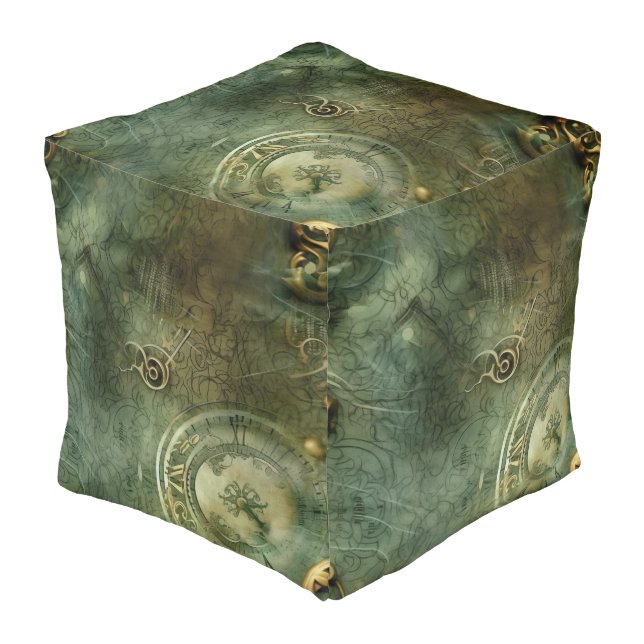 Emerald Green Rustic Steampunk Clock (5) Pouf (Angled Front)