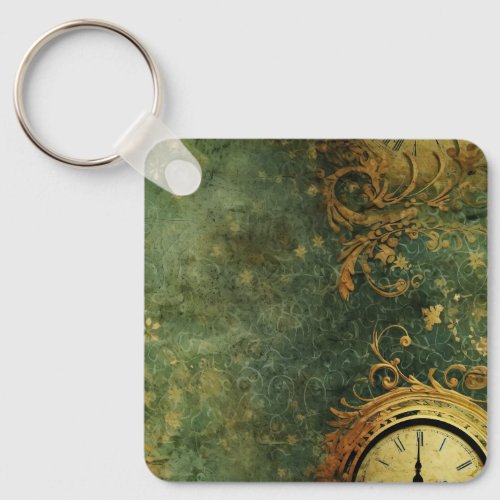 Emerald Green Rustic Steampunk Clock 6 Keychain