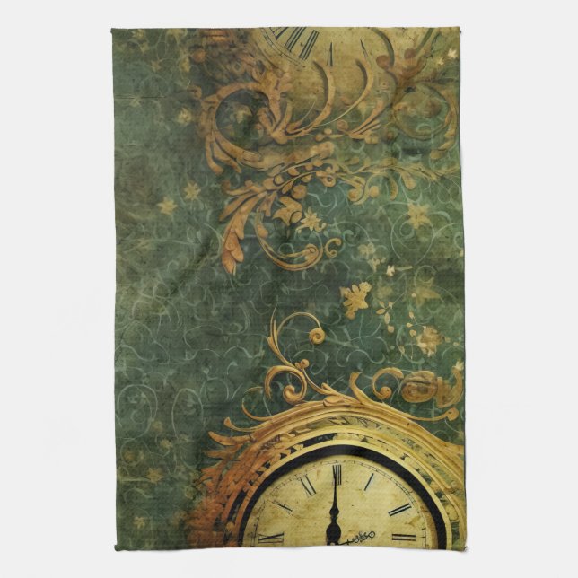 Emerald Green Rustic Steampunk Clock (6) Kitchen Towel (Vertical)