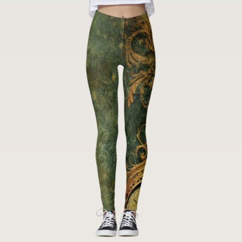 Emerald Green Rustic Steampunk Clock 6 Leggings